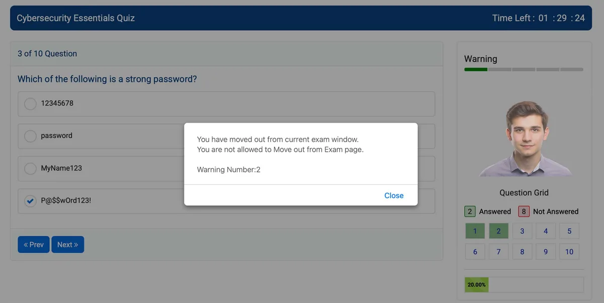 Anti-cheating warning banner